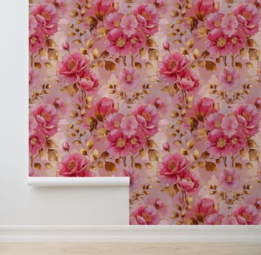 Watercolor Pink Floral Shimmer Gold Peel and Stick Wallpaper