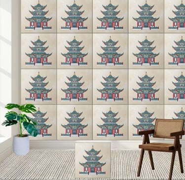 Blue and Red Chinese Pagoda Chinoiserie Temple Art Ceramic Tile