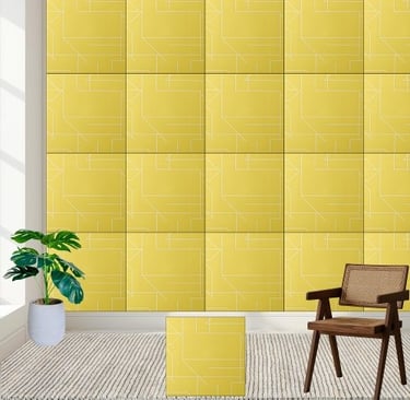 Geometric Yellow and White Line Pattern Ceramic Tile