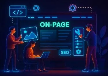 Grupo de informáticos trabajando en un proyecto web On-page, estilo neón con fondos azules.