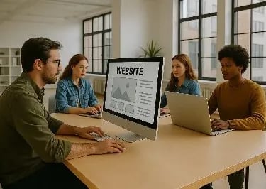 Dos chicos y dos chicas creando un proyecto web en la oficina, sentados en una mesa grande