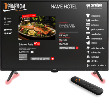Tela de TV exibindo cardápio digital de hotel com prato Salmão Paris e controle remoto — TV Cardápio