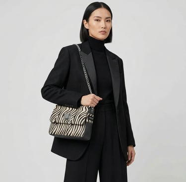 Woman in a black blazer modeling a zebra print crossbody bag with a silver chain strap.