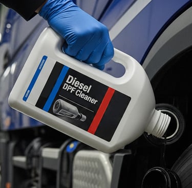 Gloved hand pouring a professional DPF cleaner bottle into a blue Volvo FM truck fuel tank.