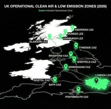 UK map highlighting operational Clean Air Zones and Low Emission Zones enforcing Euro VI compliance for heavy vehicles.