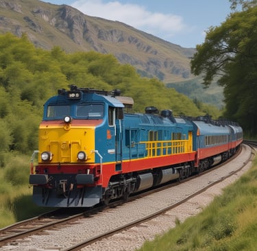 a train is coming down the tracks in the mountains