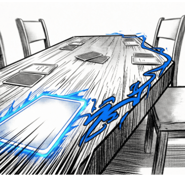 A manga-style drawing of a card game on a wooden table with blue energy effects.