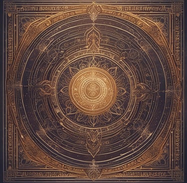 A pair of hands is positioned palms-up on a cloth featuring zodiac signs and a sun-like face. A stack of tarot cards, adorned with mystical symbols, rests on the cloth, surrounded by scattered blue glass beads.