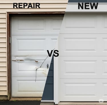 a garage door with a broken door and a broken door