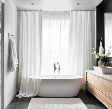 Baltos vonios užuolaidos vonioje