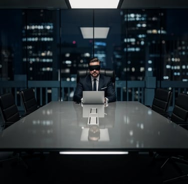 Business leader in a boardroom wearing a blindfold, symbolising blind spots in organisational decision-making