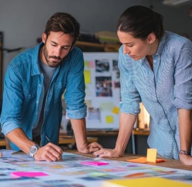 Two professionals collaborating over a planning board, representing Aftermarket Advisory Consulting’s partnership approach