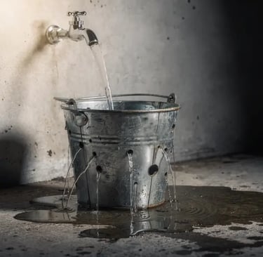 Illustration of the leaky bucket problem in customer retention, showing revenue loss from churn while new sales fill the top