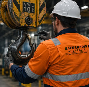 safe lifting australia inspector inspecting a crane hook after repair