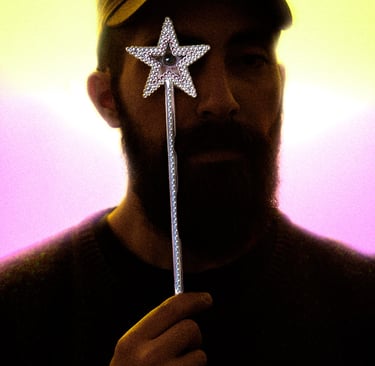 Portrait of the artist Sr.Charli holding a toy wand.