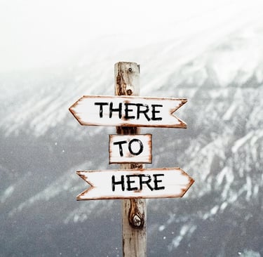 Signpost with arrows reading ‘There’ and ‘Here’.
