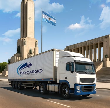 Camión con logo de Pro Cargo conduciendo frentee al Monumento a la Bandera en Rosario, Santa Fe, Argentina