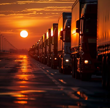 a long line of trucks parked on the side of a road