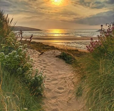 Beach path to sea at golden sunset.