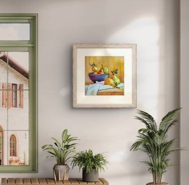 a painting of a bowl of fruit on a table