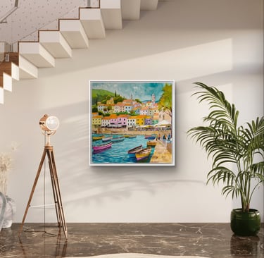 a painting of a boat in a living room