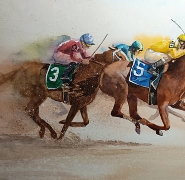a painting of a horse racing on a race track