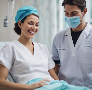 A person is seated in the center with their hands covering their face, surrounded by a variety of medical instruments and supplies on tables. The tables are covered with green cloths, and there are items like syringes, scissors, bandages, and bottles. Two people in orange clothing are interacting with the person in the center. The setting appears to be a temporary medical or clinical setup.