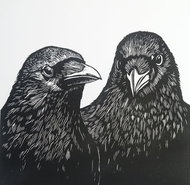 handprinted linoprint of two crows by  carolynne coulson