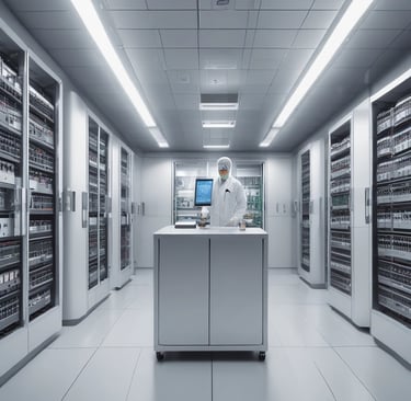 A room with a tiled ceiling and fluorescent lighting contains various electronic and office equipment. On the left, there's a wooden desk with a black server cabinet next to it. In the center of the room, a rack of network cables is visible, organized into a larger unit. To the right, a filing cabinet is mounted on the wall, with a printer/copier machine near the foreground. The walls are plain and the floor is covered in white tiles.
