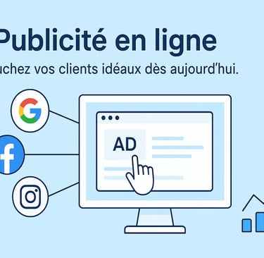 Visuel de publicité en ligne: clic sur annonce Google Ads entouré d’icônes de réseaux so. et courbe