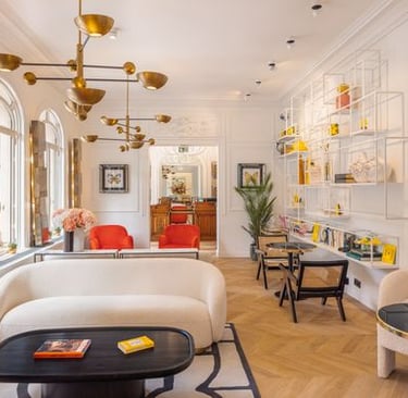 Modern and bright interior design of a room at Solly Hotel in the Marais district, Paris.