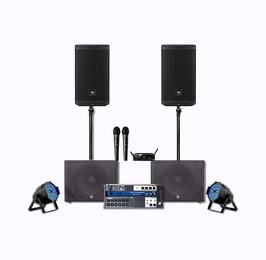 Paquete de equipo de audio para renta en Guatemala: microfonos, luces, subwoofers, bocinas, y mas