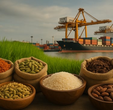 Cargo containers being loaded at an Asian port, representing global shipping and export logistics for agro raw materials.
