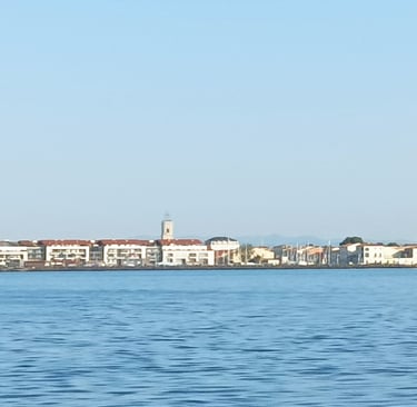 The town of Marseillan at the far end of the étang