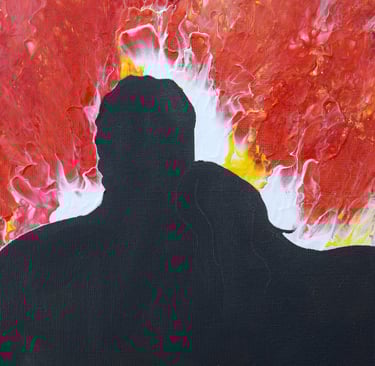 a painting of a man and woman in a red and yellow background