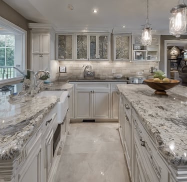 a kitchen with a large marble counter top