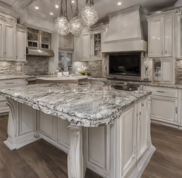a kitchen with a large island and a large island