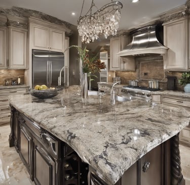 a kitchen with a large island and a large island