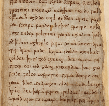 The first folio of the heroic epic poem Beowulf, written primarily in the West Saxon dialect of Old 