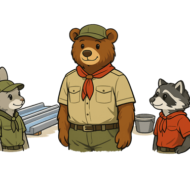 A bear scout leader speaking with two scouts near supplies.
