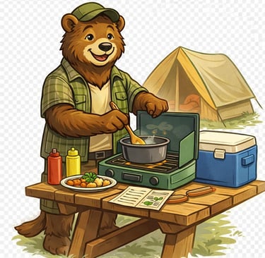 Cartoon bear calmly cooking at a picnic table, showing practical outdoor skills taught at BALOO.