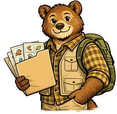 A cartoon bear scout leader holds a folder of simple outdoor activity sheets.
