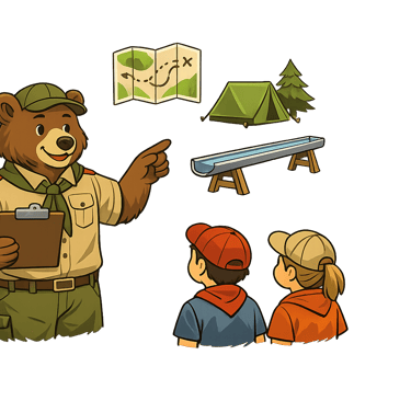 Scout leader guiding a small group with a clipboard and event icons.