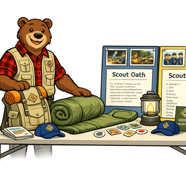 A cartoon bear scout leader sets up a scouting display with camping gear.