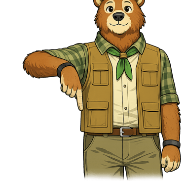 A bear scout leader pointing downward with one hand to indicate a hazard on the trail.