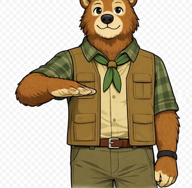 A bear scout leader holding one hand low and flat with the palm facing downward.