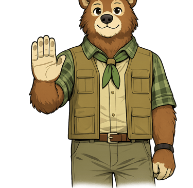 A bear scout leader holding one hand up with the palm facing outward to signal stop.