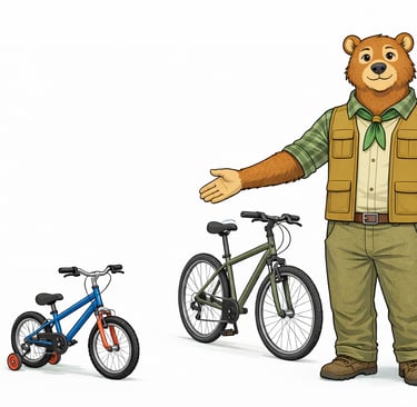 A bear scout leader standing next to a bike with training wheels and a standard two-wheel bike.