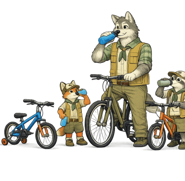 A wolf scout leader and scouts standing with their bikes while drinking water during a ride break.