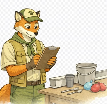 A scout leader reviewing notes beside rain gutter tracks.